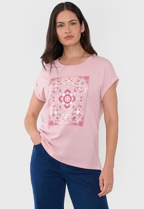 Polera Mujer M/C Focal Print Palo Rosa