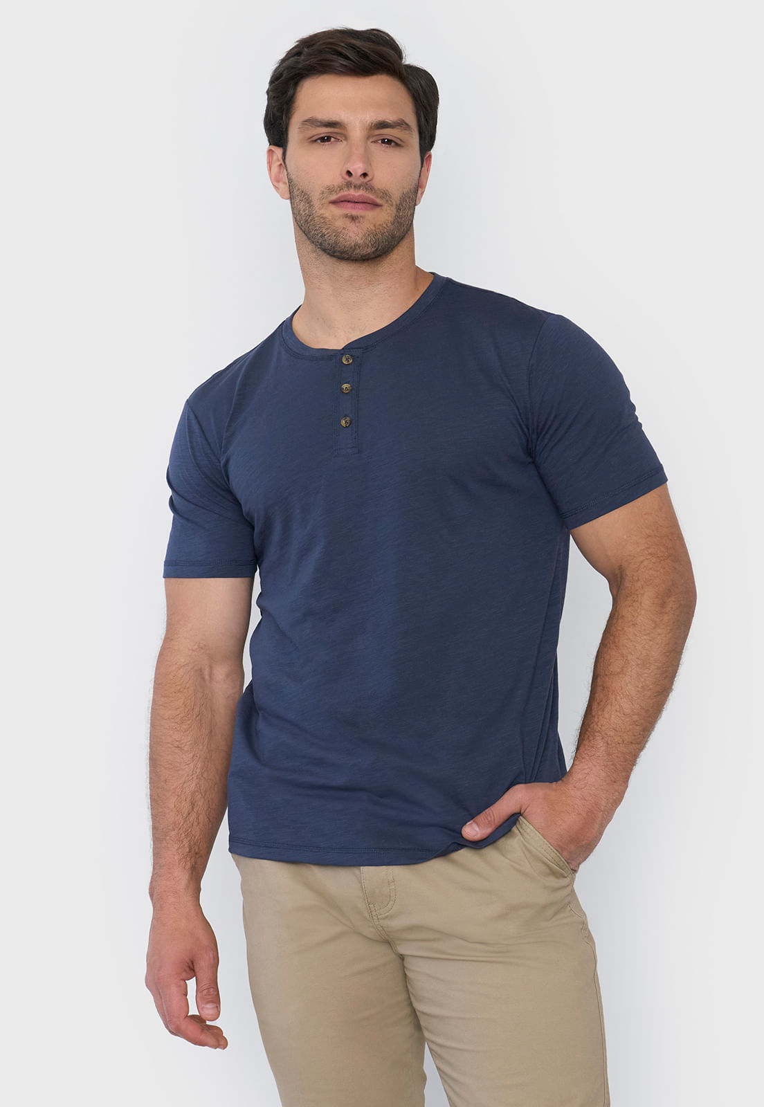 Polera Hombre Henley Slub Azul