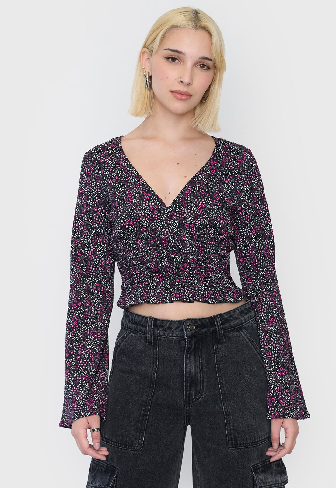 Blusa Mujer Manga Larga Camapana Print Rosado/Negro