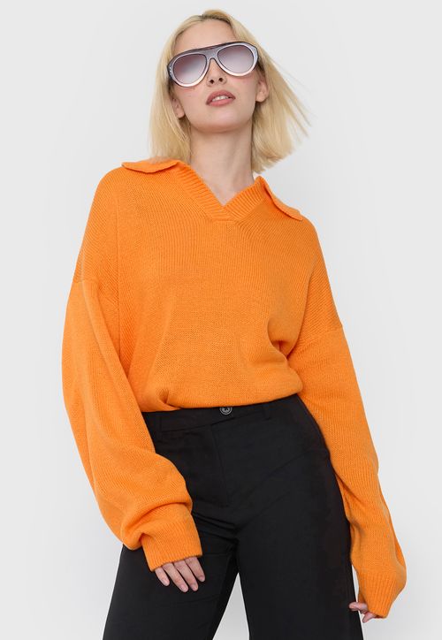 Sweater Mujer Cuello Polo Bicolor Naranjo