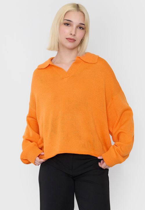 Sweater Mujer Cuello Polo Bicolor Naranjo
