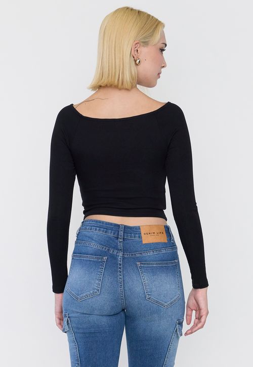 Polera Mujer Sin Hombros Manga Larga Negro