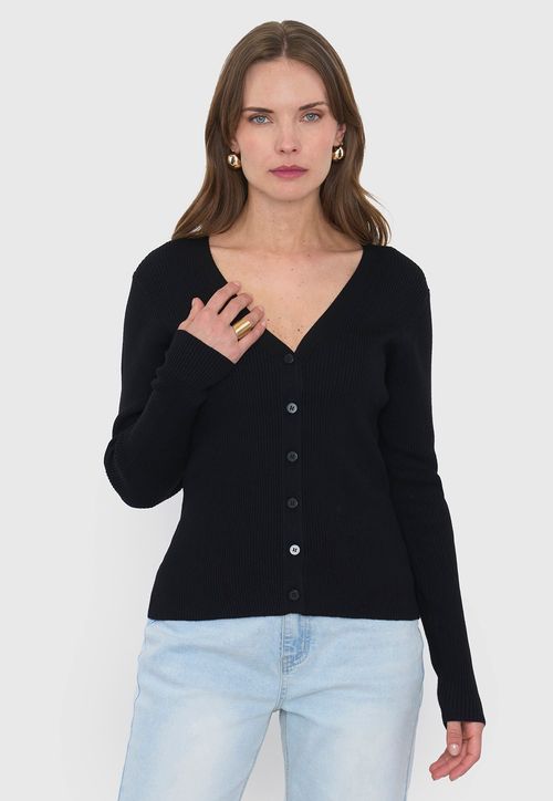Cárdigan Mujer Rib Botones Negro