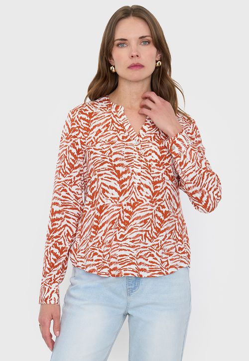 Blusa Mujer Cuello Mao Print Cebra Terracota