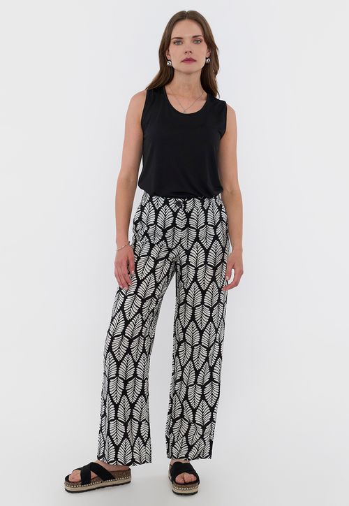 Pantalón Mujer Fluido Botón Print Étnico Negro