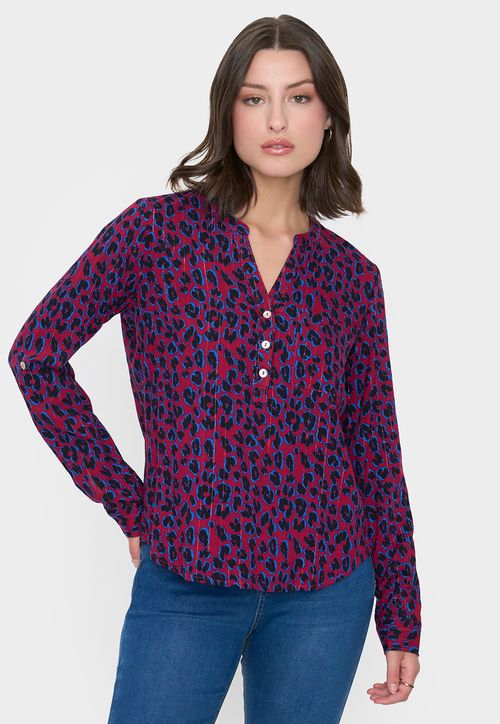 Blusa Mujer Cuello Mao Animal Print Rojo