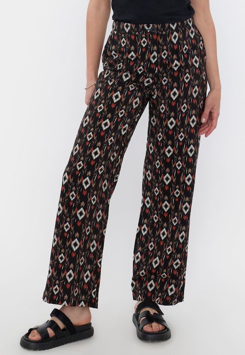 Pantalón Mujer Negro Fluido Botón Print Étnico