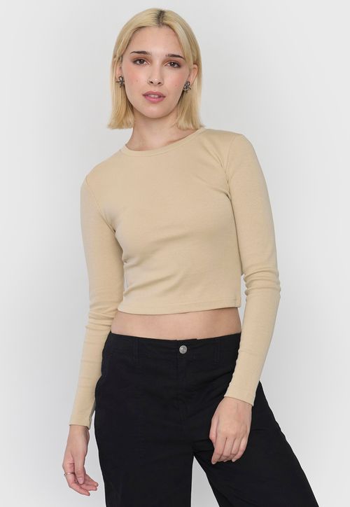 Polera Mujer Crop Manga Larga Beige
