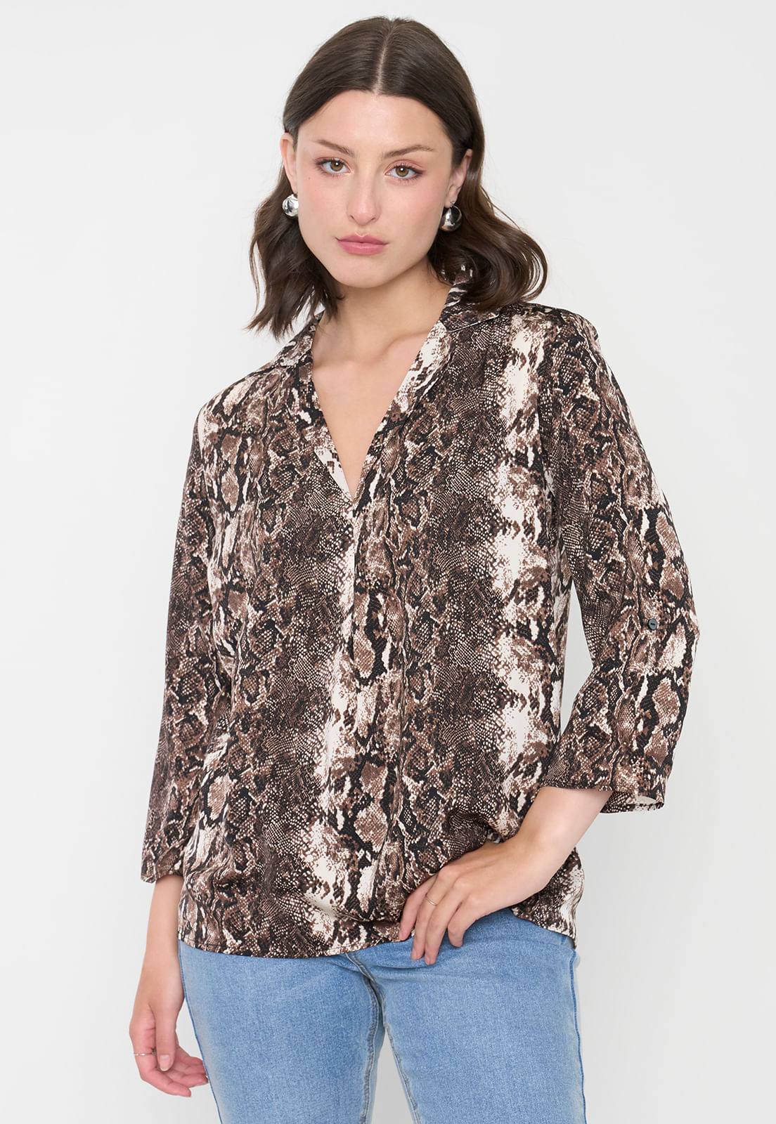 Blusa Mujer Cuello Camisero M/L Snake Print Café