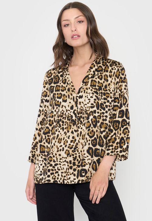 Blusa Mujer Cuello Camisero M/L Animal Print Café