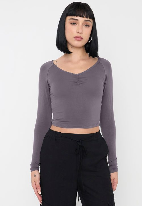 Polera Mujer Manga Larga Cuello V Gris
