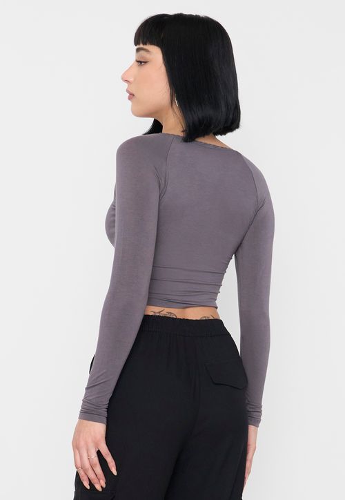 Polera Mujer Manga Larga Cuello V Gris