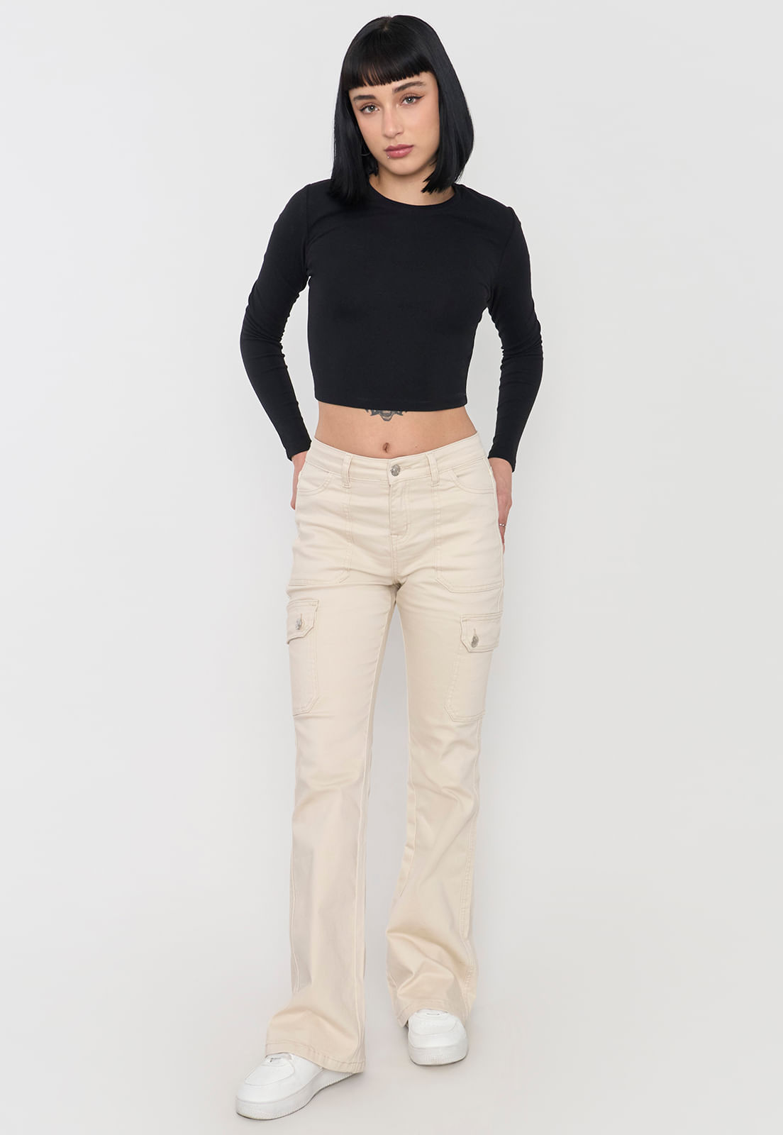 Jeans Mujer Flare Fit Cargo Ecru
