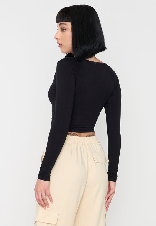 Polera Mujer Manga Larga Negro Cuello V