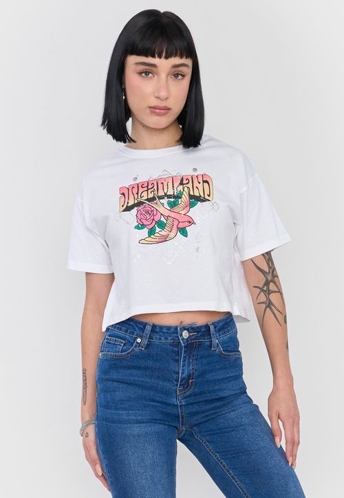 Polera Mujer Crop Blanco Fun Manga Corta