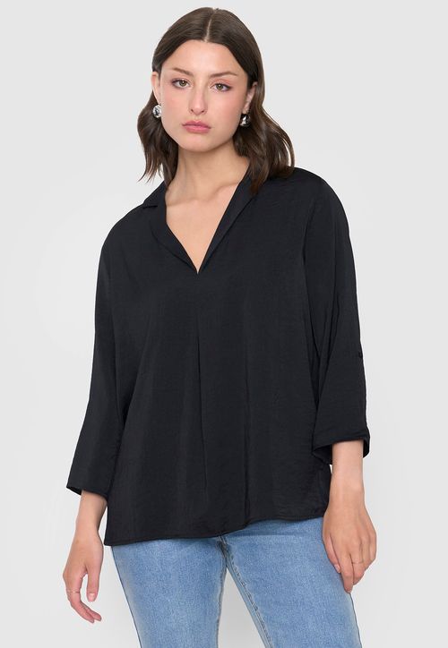 Blusa Mujer Cuello Camisero M/L Negro Lisa