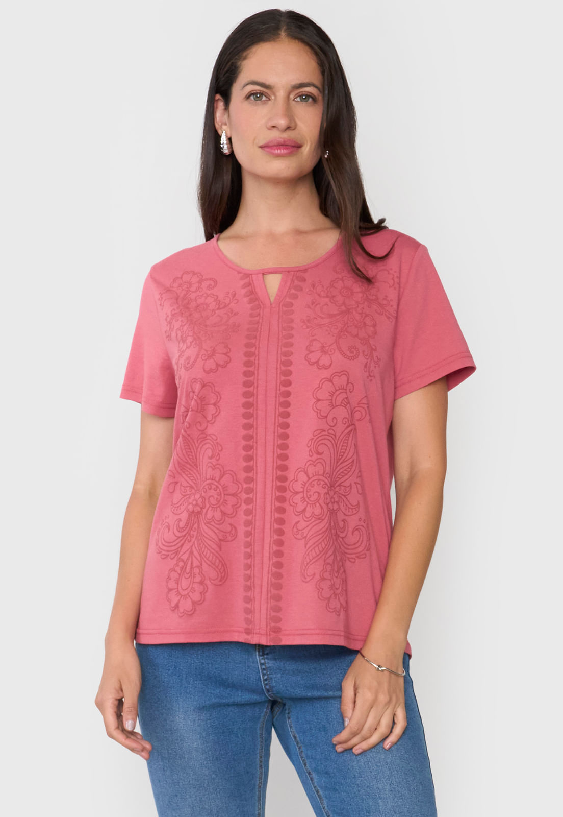 Polera Mujer Bordado Rosado