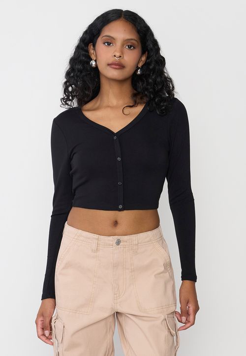 Polera Mujer Manga Larga Broches Color Negro