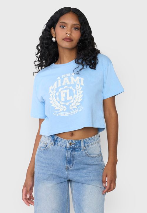 Polera Mujer Fun Manca Corta Crop Celeste
