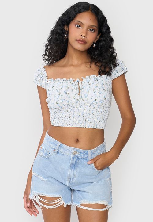 Blusa Mujer Peto Off Shoulder Amarras Print Blanco