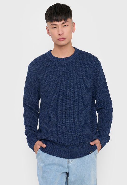 Tejido Hombre Cuello Redondo Liso Grueso Azul