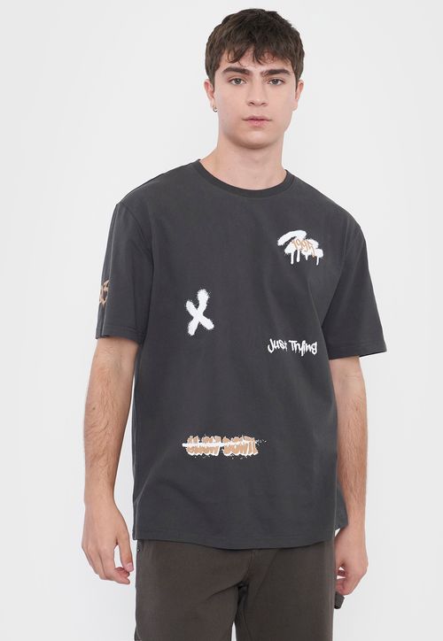 Polera Hombre Focal Print Grunge Gris