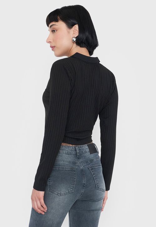 Polera Mujer Manga Larga Cuello Polo Negro