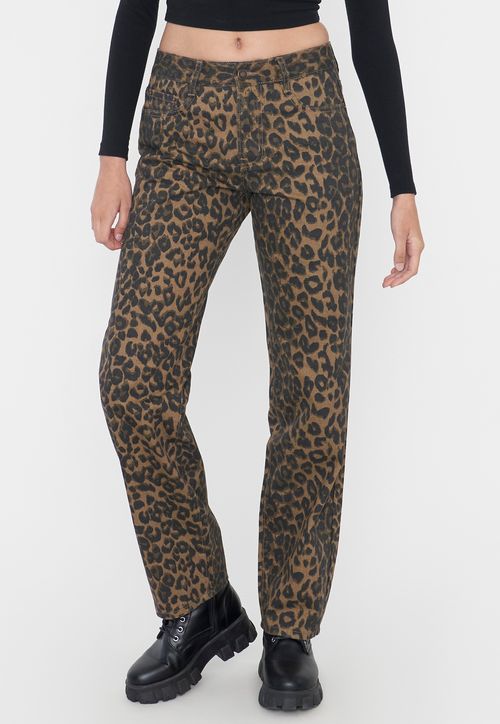 Pantalón Mujer Straight Fit Animal Print Café