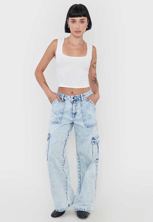Jeans Mujer Cargo Wide Leg Fit Azul Claro