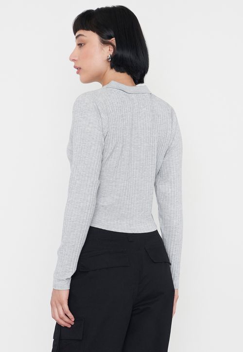 Polera Mujer Manga Larga Cuello Polo Gris