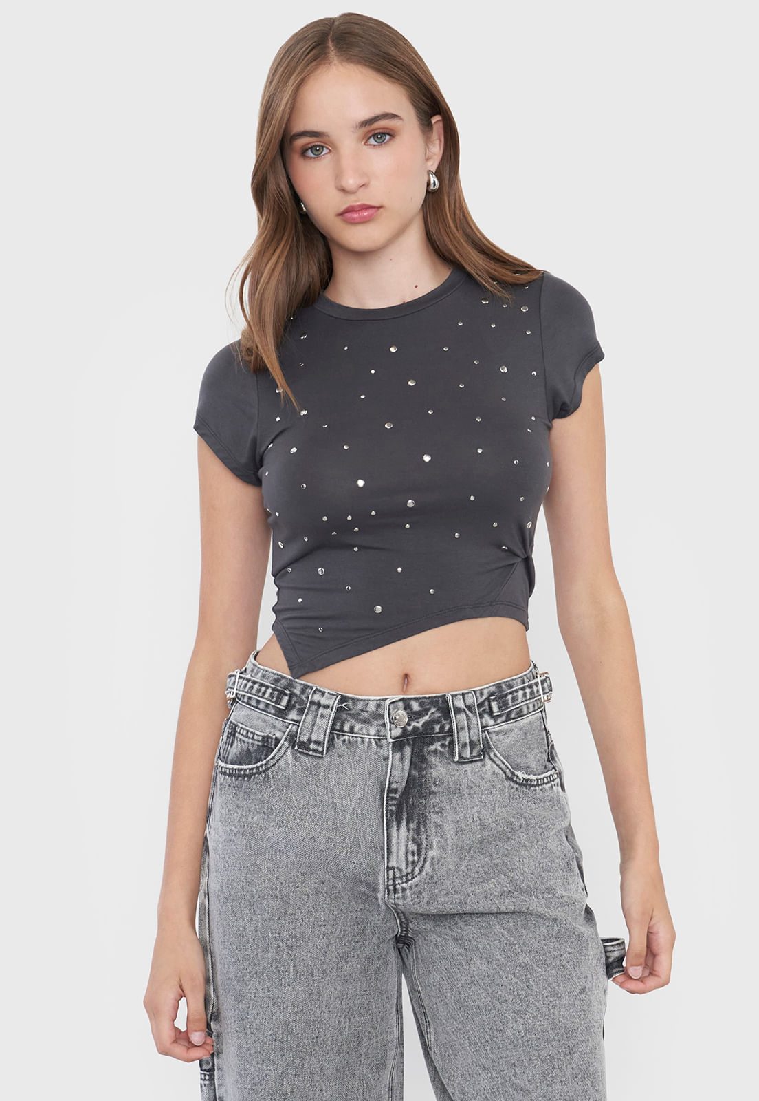 Polera Mujer Manga Corta Tachas Gris