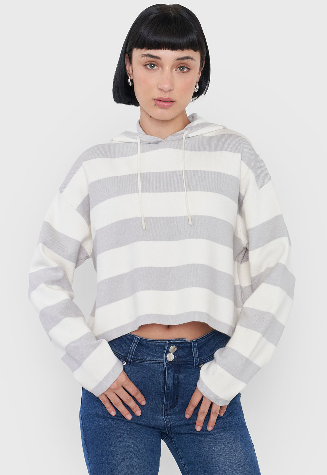 Sweater Mujer Hoodie Gris Rayas