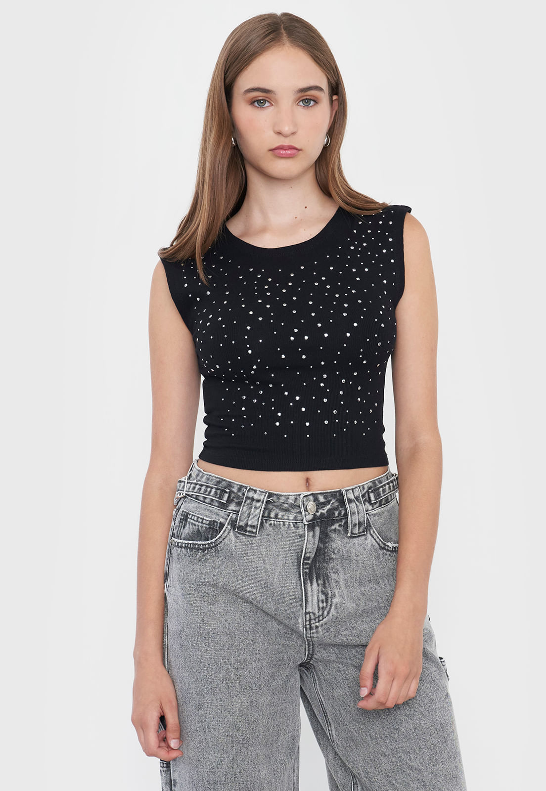 Polera Mujer Brillos Sin Mangas Color Negro