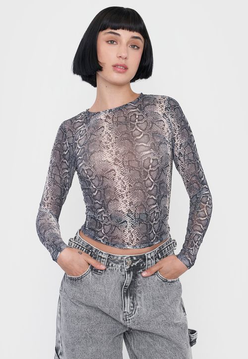 Polera Mujer Malla Manga Larga Print Pitón Negro