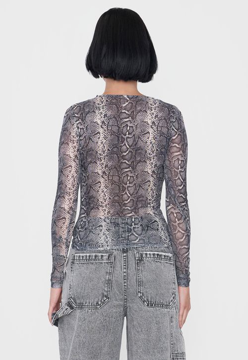 Polera Mujer Malla Manga Larga Print Pitón Negro