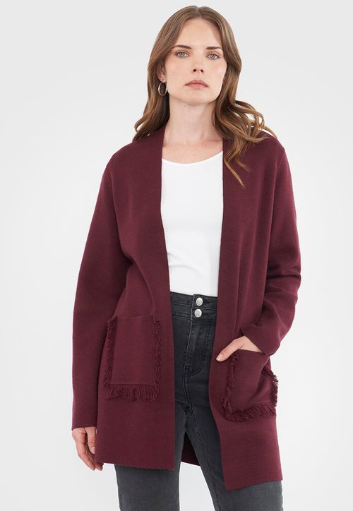 Sweater Mujer Cárdigan Flecos Burdeo