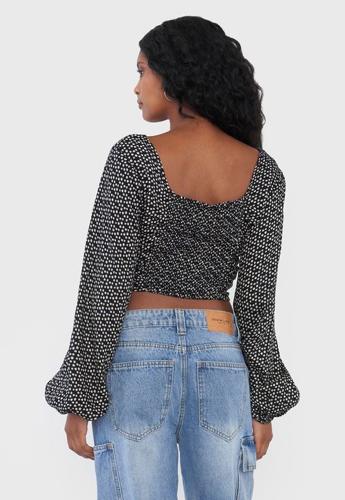 Blusa Mujer Manga Globo Print Negro