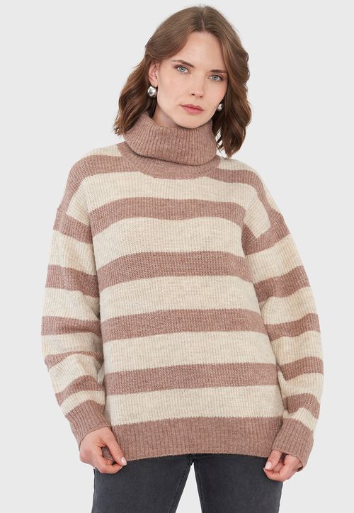 Sweater Mujer Negro Líneas Beige Básico