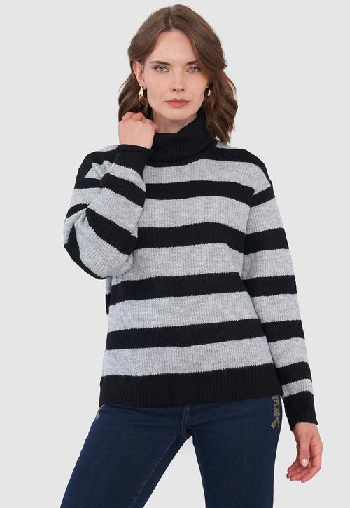 Sweater Mujer Negro Líneas Gris Básico