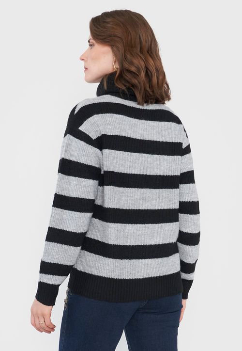Sweater Mujer Negro Líneas Gris Básico