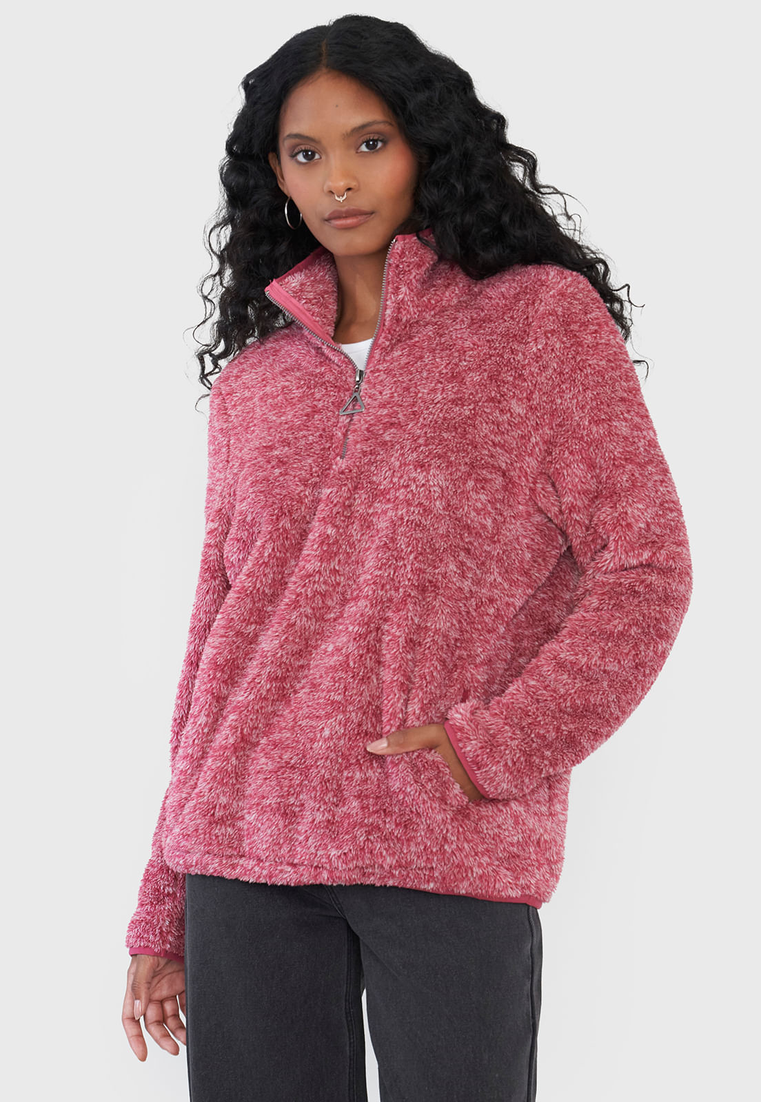 Polerón Mujer Peludo Burdeo Half Zipper