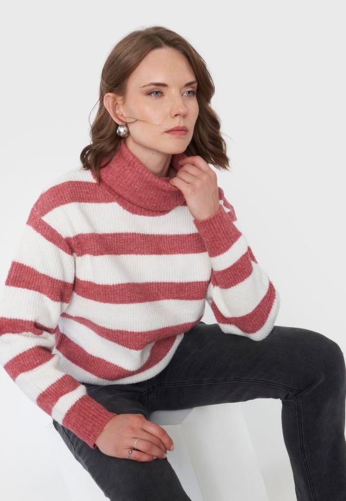 Sweater Mujer Negro Líneas Palo Rosa Básico