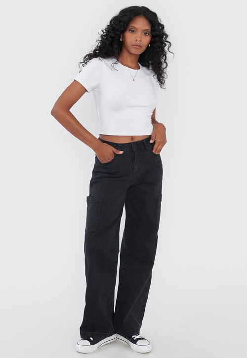 Jeans Mujer Cargo Negro Straight Fit