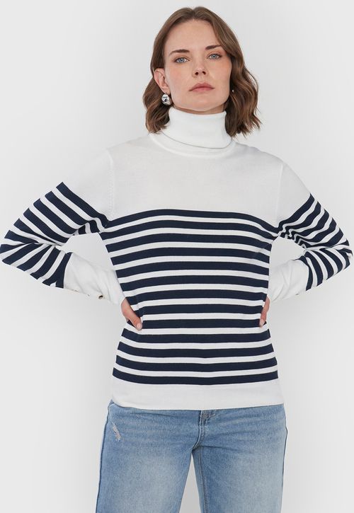 Sweater Mujer Cuello Alto Líneas Crudo