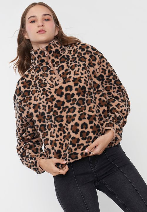 Polerón Mujer Polar Half Zipper Beige Animal Print