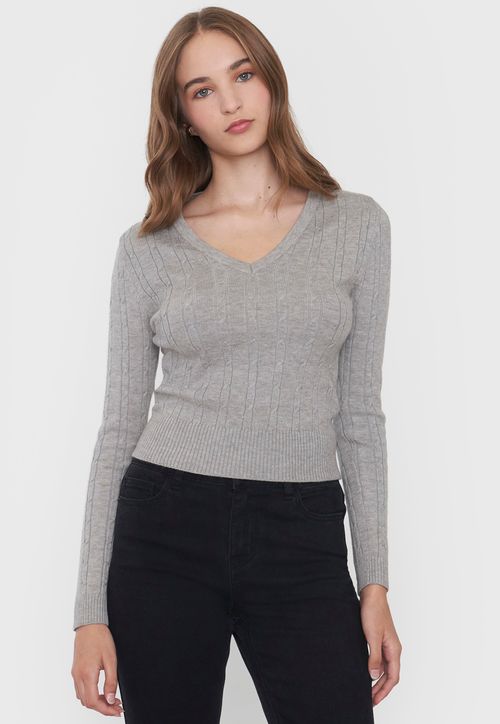 Sweater Mujer Cuello V Slim Gris Melange
