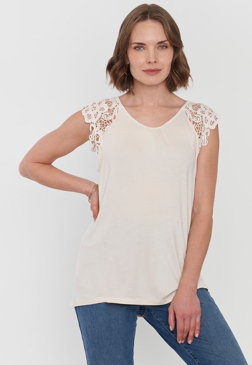 Polera Mujer Hombros Macramé Ecru