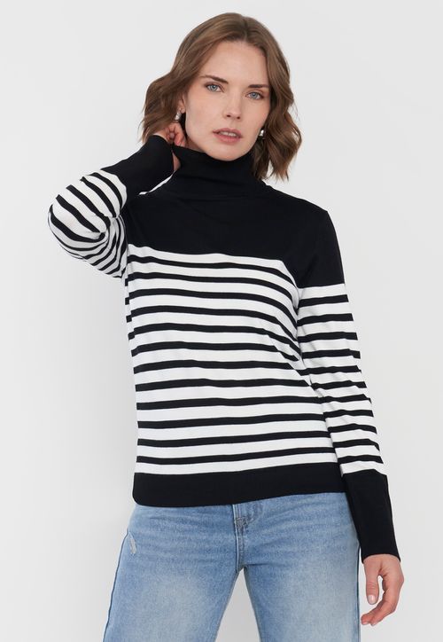 Sweater Mujer Cuello Alto Líneas Negro