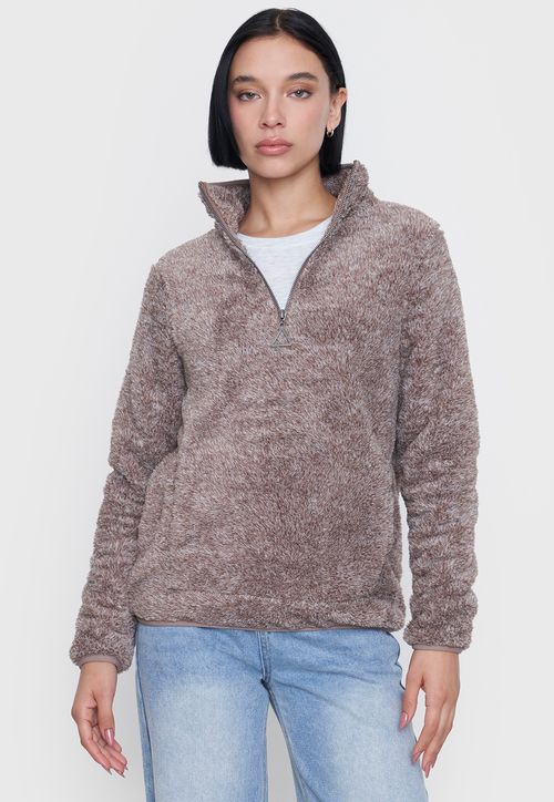 Polerón Mujer Peludo Half Zipper Café