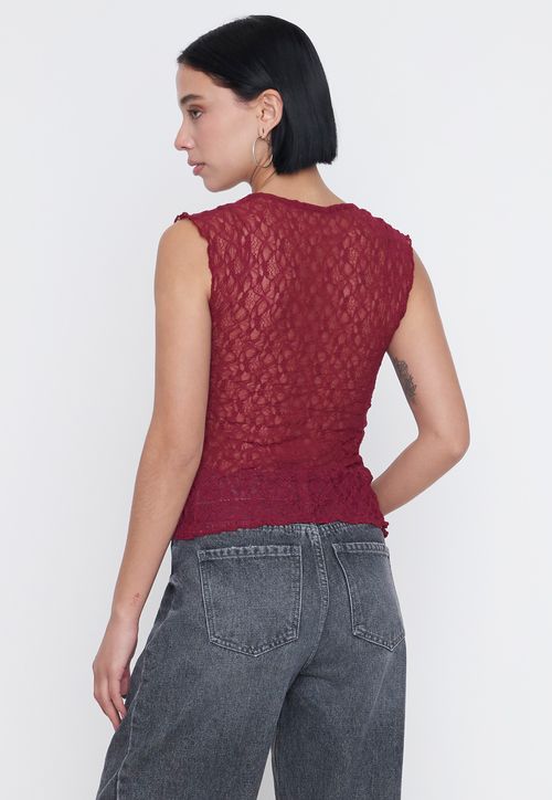 Polera Mujer S/M Encaje Burdeo